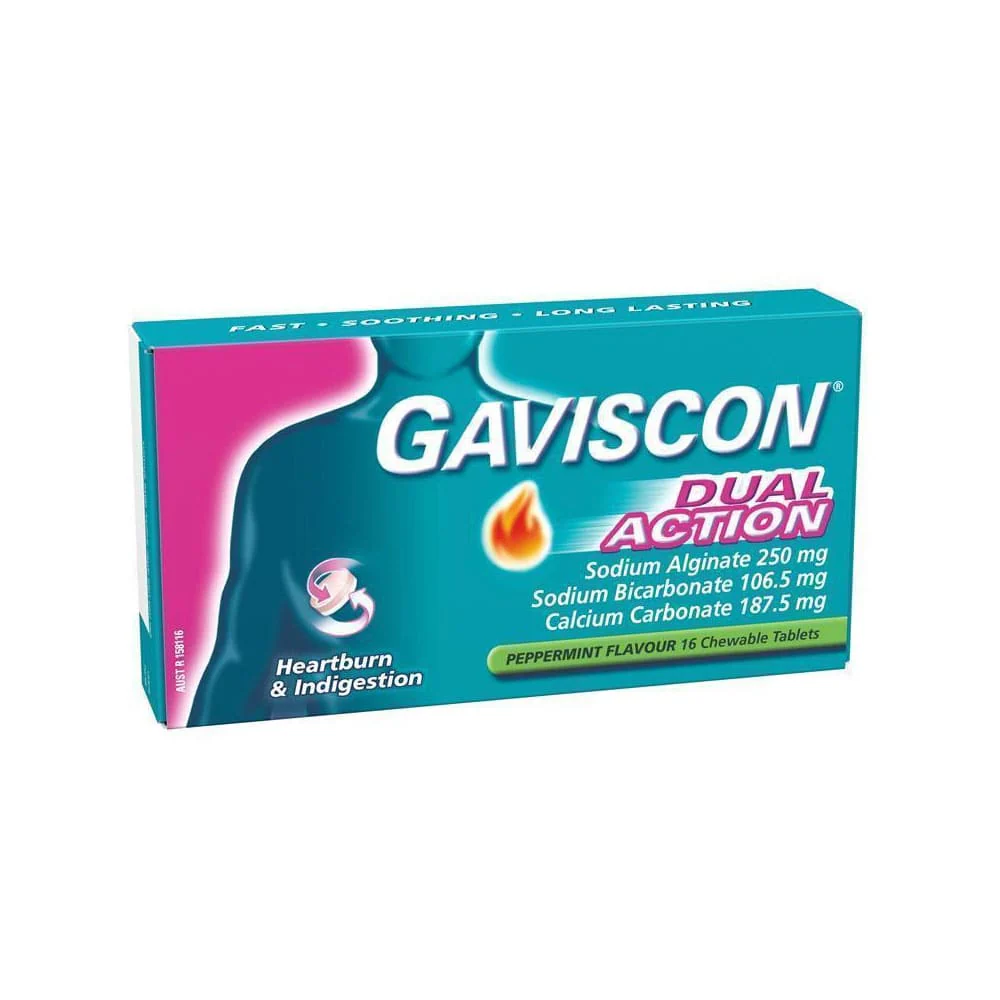 Gaviscon Chewable Tablets Dual Action Heartburn & Indigestion Peppermint 16pk - Short Dated Clearance