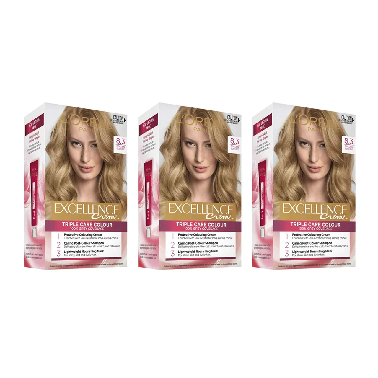 3x L'Oreal Excellence Creme Hair Colour 8.3 Golden Blonde