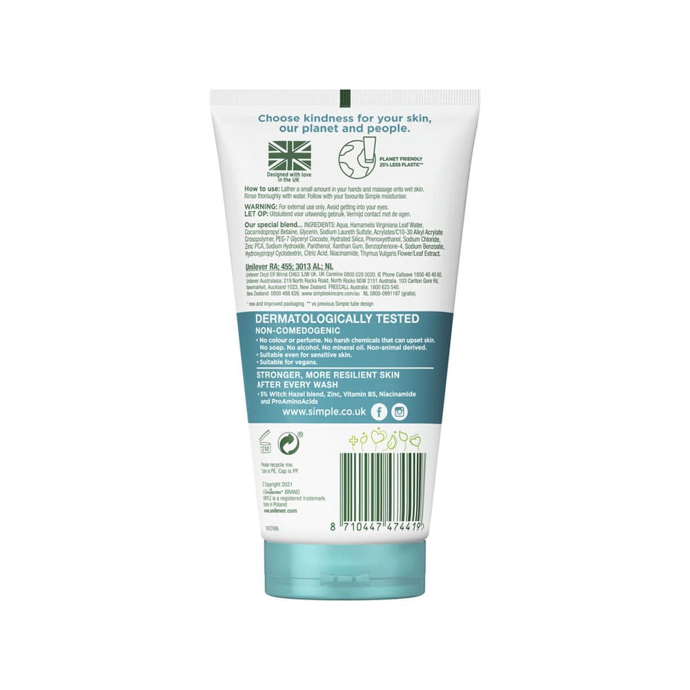 Simple Purifying Gel Wash Daily Skin Detox Witch Hazel + Zinc 150ml 2 Simple Purifying Gel Wash Daily Skin Detox Witch Hazel + Zinc 150ml