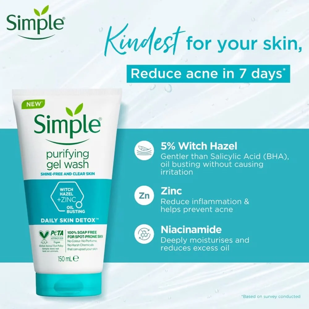 Simple Purifying Gel Wash Daily Skin Detox Witch Hazel + Zinc 150ml 3 Simple Purifying Gel Wash Daily Skin Detox Witch Hazel + Zinc 150ml