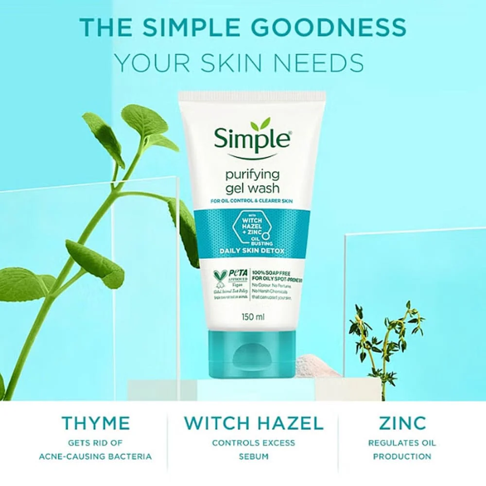 Simple Purifying Gel Wash Daily Skin Detox Witch Hazel + Zinc 150ml 4 Simple Purifying Gel Wash Daily Skin Detox Witch Hazel + Zinc 150ml