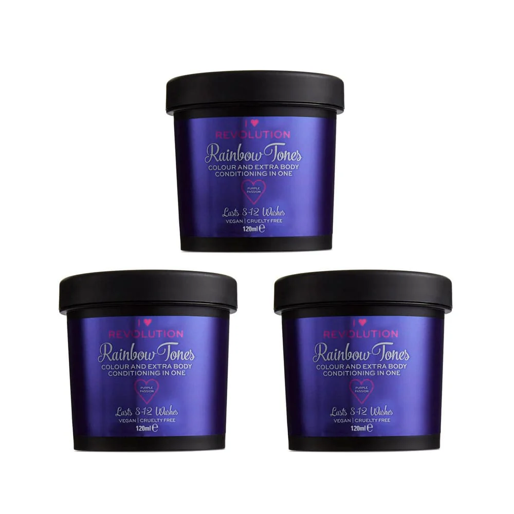 3x I Heart Revolution Rainbow Tones Colour & Extra Body Conditioning In One Purple Passion 120ml